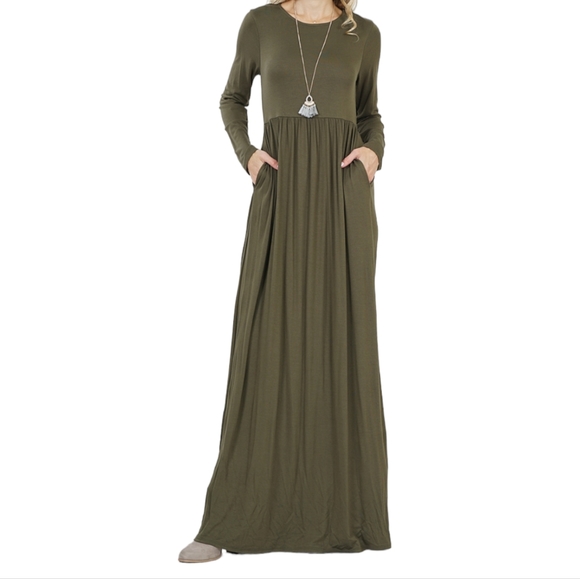 Zenana Outfitters | Dresses | Zenan Outfitters Olive Empire Waist Modest  Knit Long Sleeve Maxi Dress Size Xl | Poshmark
